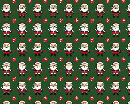 Cartoon Santa with Gift Pattern on Greenのイラスト素材