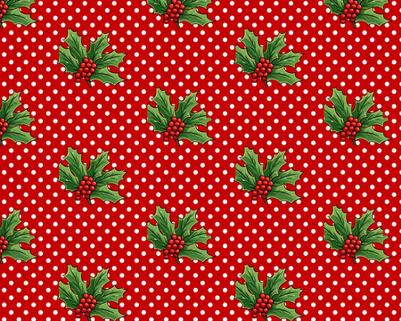 Green Holly Leaves and Red Berries on a Polka Dot Backgroundのイラスト素材