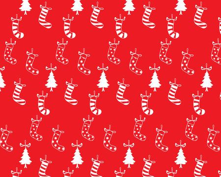 White Christmas Trees and Red Striped Stockings on a Red Background Patternのイラスト素材