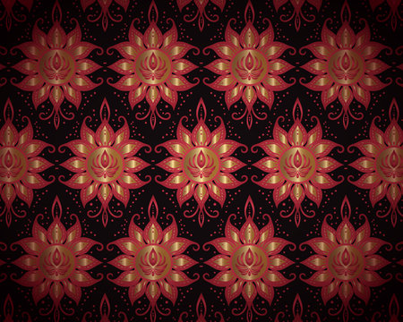 Symmetrical Red and Gold Mandala Flowers on a Black Backgroundのイラスト素材