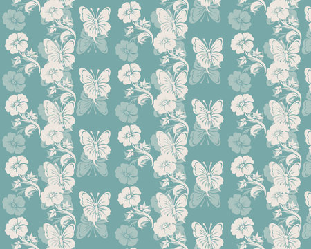 Elegant White Butterflies and Flowers on Teal Backgroundのイラスト素材