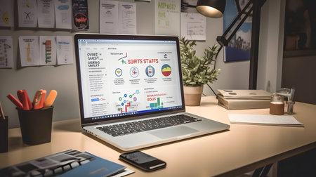 A Colorful Webpage on a Laptop Screen in a Workspace with a Smartphoneの素材