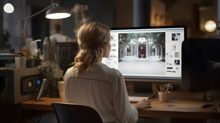 Creative Female Editor Perfecting Visual Content on a Large Displayの素材