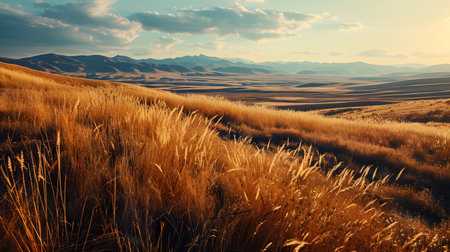 Majestic Mountain View with Golden Grassland Foregroundの素材