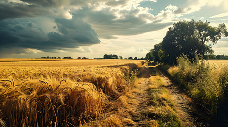 Dramatic Cloudscape Above Golden Wheat Field Pathの素材