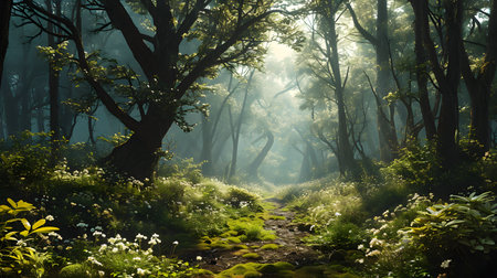 Pathway to Peace, Sun-Kissed Trail in Verdant Woodsの素材