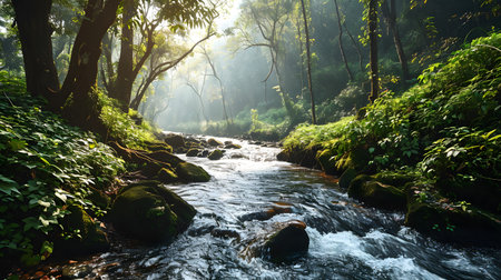Golden Rays Over a Rugged Forest Streamの素材