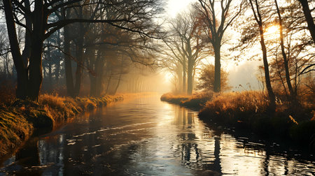 Golden Sunrise Over a Peaceful Riverside in Autumnの素材