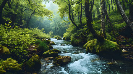 Crystal Waters Rushing Through a Green Forestの素材