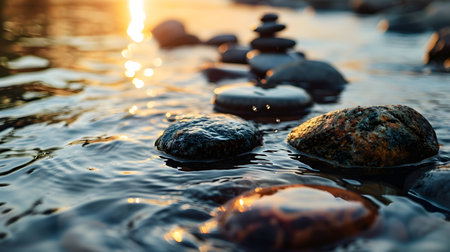 Peaceful Riverbed Stones at Golden Hourの素材