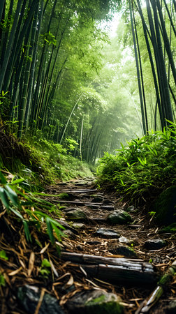 Misty Morning on a Secluded Bamboo Forest Pathの素材