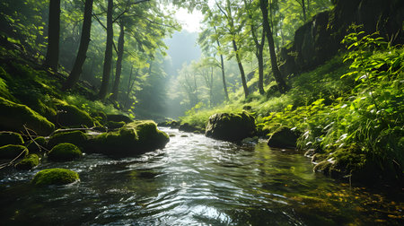 Sunlit Stream Flowing Through a Verdant Forestの素材