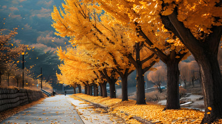 Mystical Autumn Path Lined with Golden Treesの素材