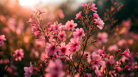 Soft Pink Wildflowers Basking in Golden Lightの素材