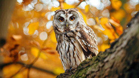 Intense Gaze of a Forest Owl Amid Autumn Leavesの素材