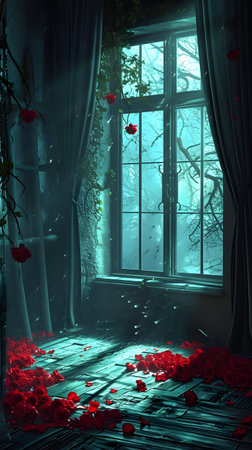 Mystical Dawn Light Through a Rose-Adorned Windowの素材