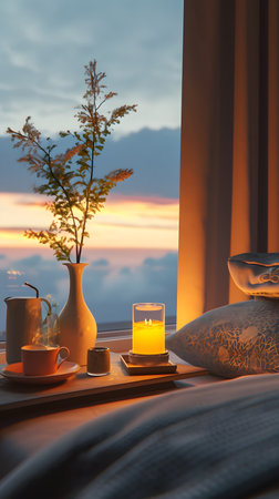 Golden Hour Glow on Elegant Bedside Arrangementの素材