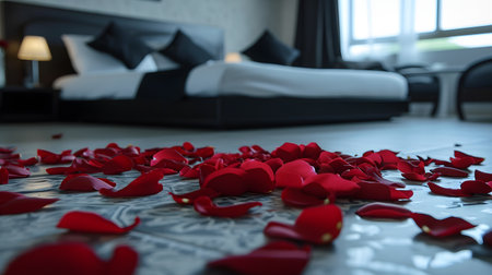 Luxurious Modern Bedroom Adorned with Vibrant Red Petalsの素材