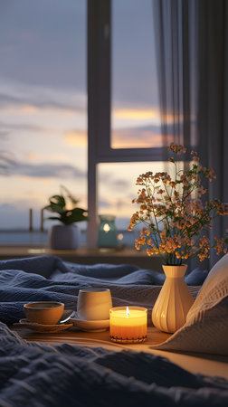 Twilight Calmness with Blooming Flowers and Teaの素材
