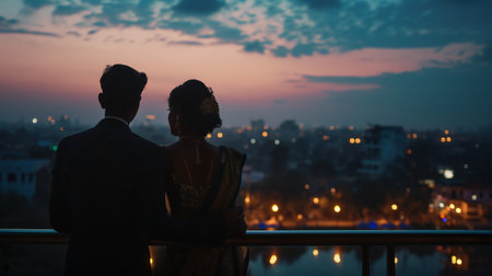 A Couple Silhouette Against the City Sunset Skyの素材