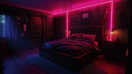 Neon Noir Elegance in a Contemporary Bedroom Settingの素材