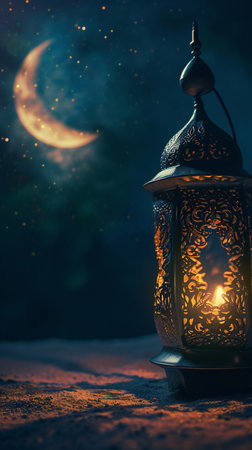 Crescent Moon Watching Over a Lantern Warm Glowの素材