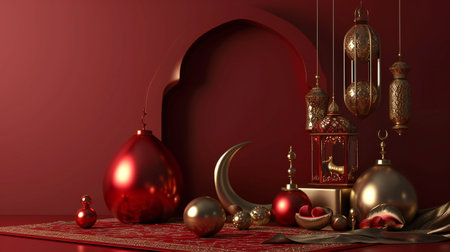 Opulent Red Ambiance with Golden Lanterns and Crescent Moonの素材