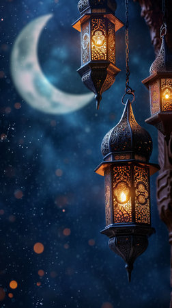 Lanterns Hanging Against a Moonlit Sky Filled with Starsの素材