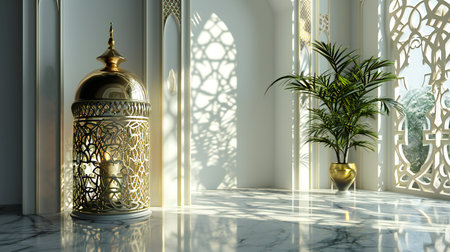 Golden Sunlight Filtering Through Grand White Hallの素材