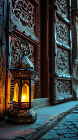 Glowing Lantern by Ornate Wooden Doorの素材