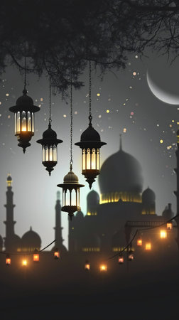 Ethereal Night with Lanterns and a Crescent Moonの素材