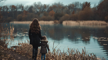 Lakeside Contemplation with Mother and Childの素材