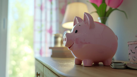 Cute Piggy Bank on Wooden Dresser with Spring Tulipsの素材