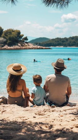 Family Gazing Over Tranquil Blue Watersの素材