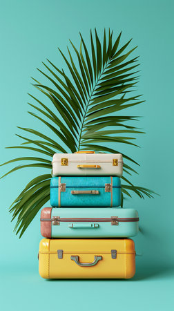 Stacked Vintage Luggage with Tropical Palm Accentの素材