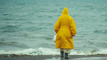 Contemplating Sea Expanse in Yellow Raincoatの素材