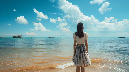 Solitary Figure Before the Vast Blue Seascapeの素材