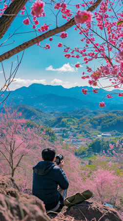 Serene Valley View Amidst Blooming Cherry Blossomsの素材