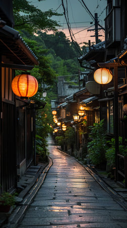 Lanterns Casting Warmth on a Rainy Eveningの素材