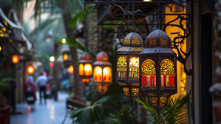 Elegant Arabesque Lanterns Lining a Bustling Alleyの素材