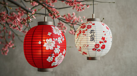 Red and White Lanterns Complement Blooming Cherry Blossomsの素材
