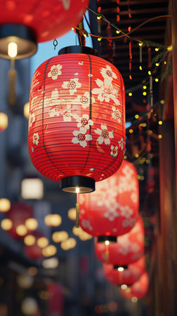 Vibrant Red Lanterns Adorn Evening Street Sceneの素材