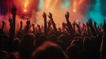 Concert Crowd Raising Hands in Unison Under Bright Stage Lightsの素材