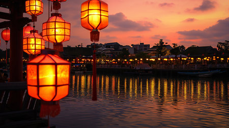 Traditional Lanterns Hanging Over a Waterfront at Duskの素材