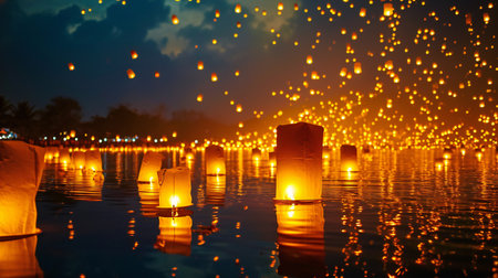Glowing Lanterns on Water Creating a Golden Vistaの素材