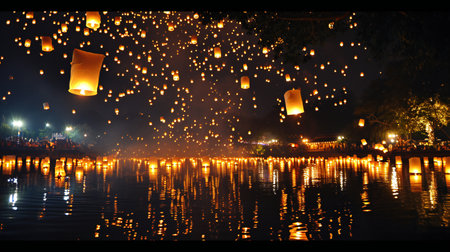 Reflective Waters Gleaming with Hundreds of Floating Lightsの素材