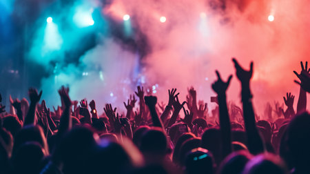 Spectators with Raised Hands Silhouetted Against a Concert Light Showの素材