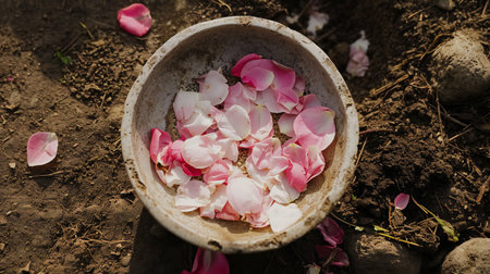 Pale Pink Rose Petals in a Sunlit Clay Bowlの素材