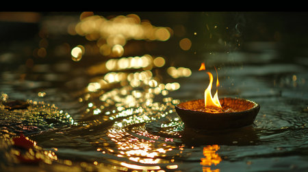 Golden Oil Lamp Glowing on a Water Surfaceの素材