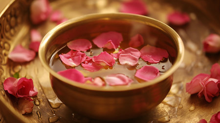 Serene Rose Petals Floating in Golden Water Bowlの素材